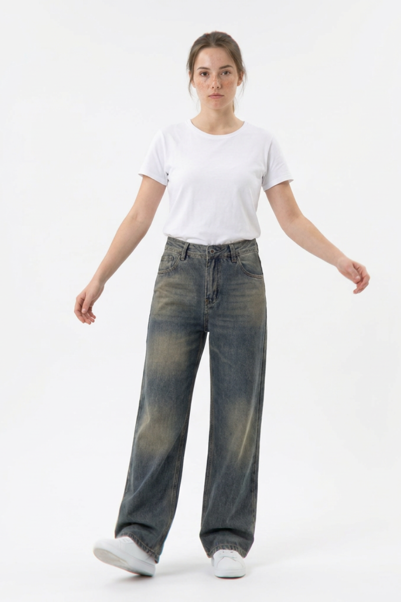 Women's 100% Cotton Vintage Wash Straight Leg Jeans