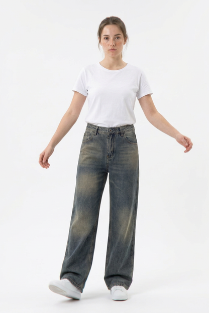 Women's 100% Cotton Vintage Wash Straight Leg Jeans
