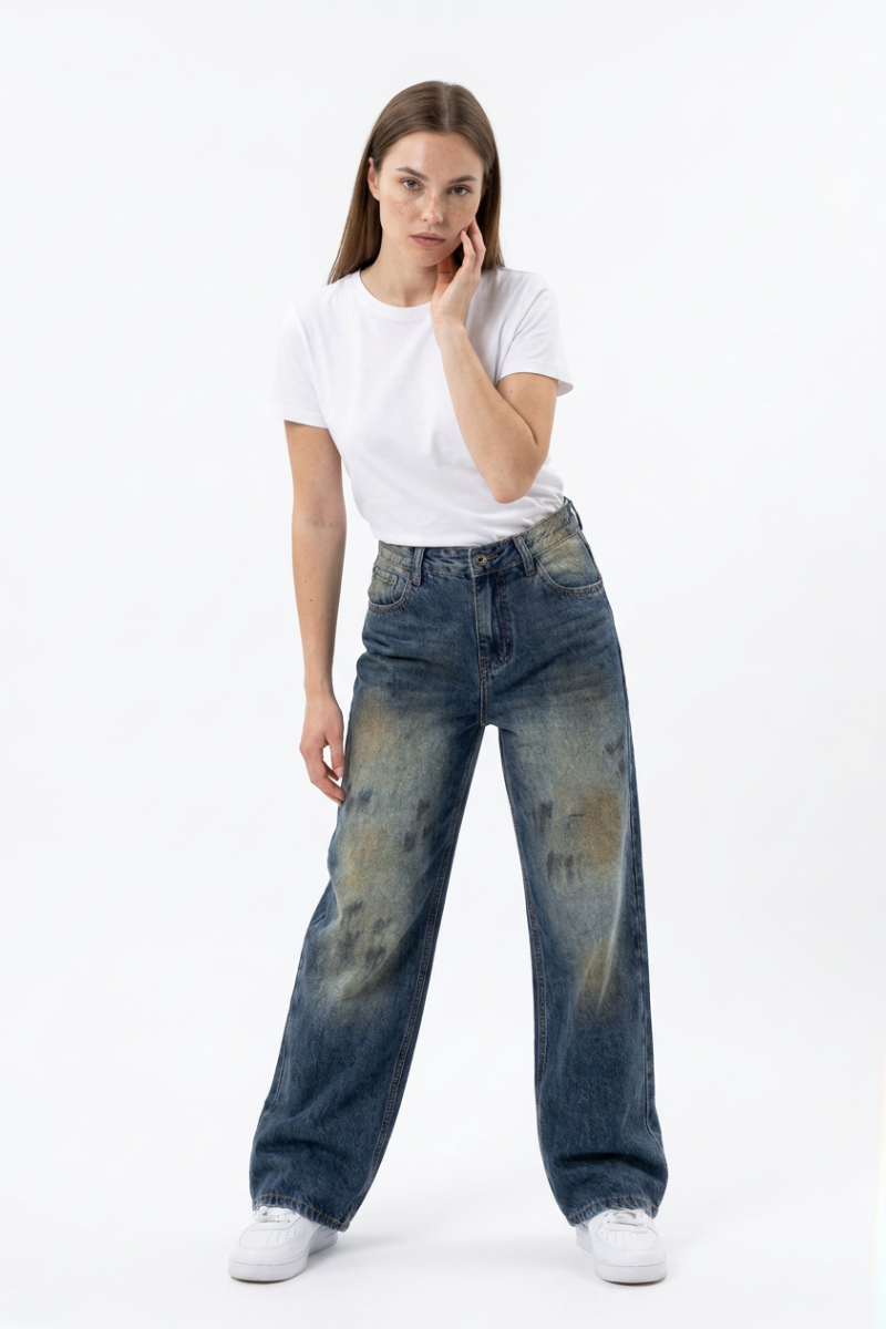 Women's Vintage Wash High Waist Straight Wide Leg Jeans