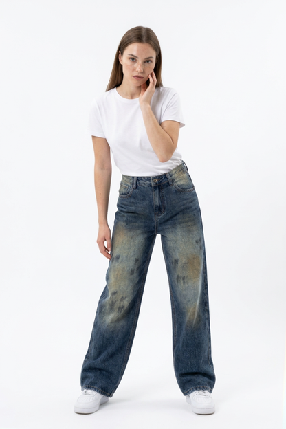 Women's Vintage Wash High Waist Straight Wide Leg Jeans