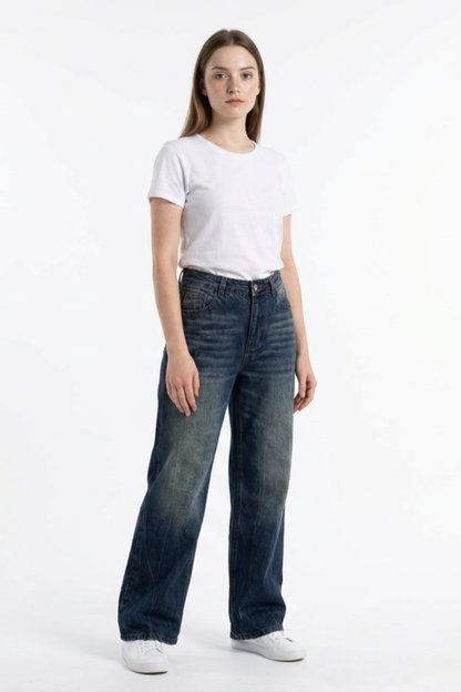 Women's Classic Blue Wash High Waist Straight Leg Jeans