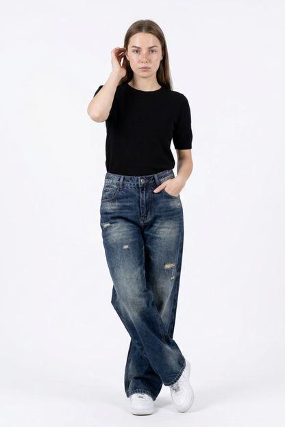 Women's Distressed High Waist Wide Leg Jeans