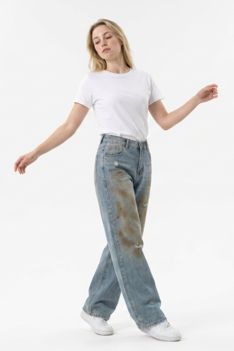 Women's Multi-Layer Dirty Wash High Waist Wide Leg Jeans