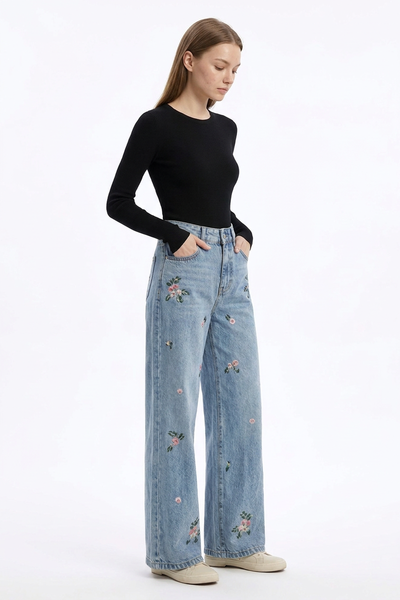 Women's Vintage Wash Embroidered High Waist Wide Leg Jeans