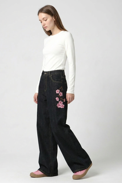 Women's Floral Embroidered High Waist Wide Leg Jeans