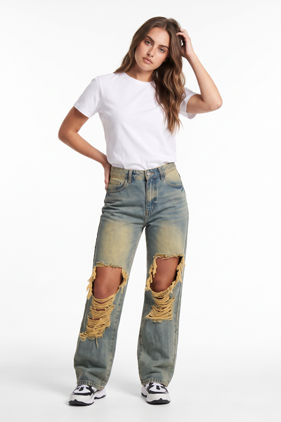 Women's High Waist Wide Leg Ripped Wide Leg Jeans