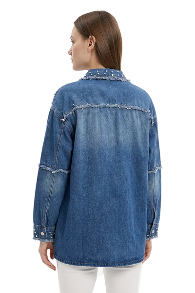 Women's Pearl Embellished Oversized Wash Denim Jacket