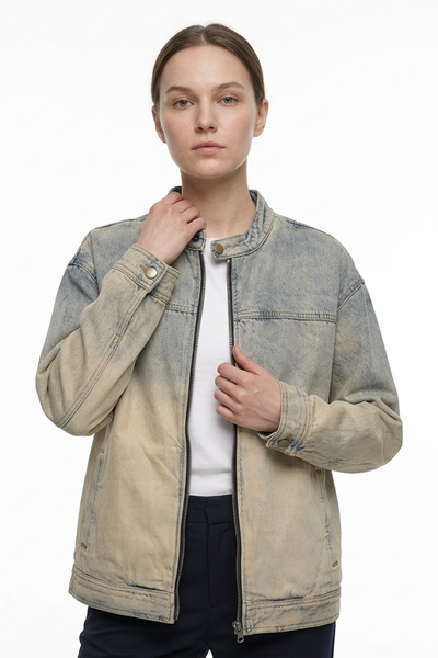 Women's Washed Stand Collar Zip-Up Vintage Denim Jacket