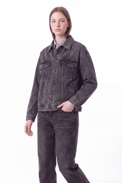 Women's Washed Black Grey Classic Denim Jacket
