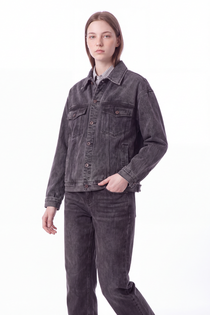 Women's Washed Black Grey Classic Denim Jacket