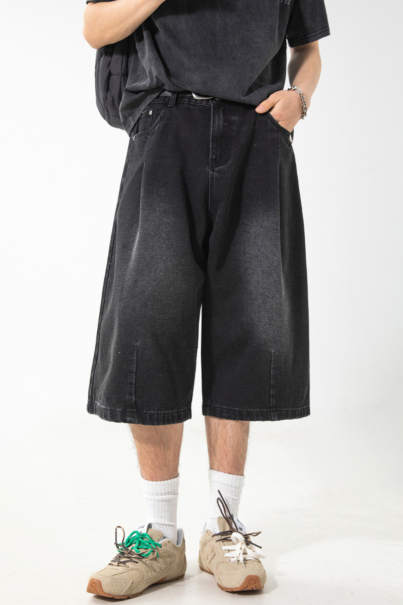 Men's Summer Washed Pleated Straight Cropped Denim Shorts