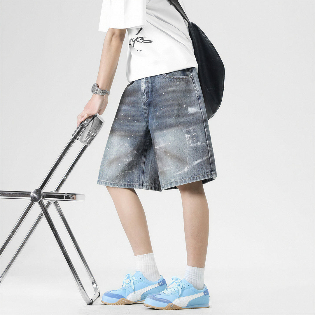 Men's Summer Gradient Splash Ink Washed Baggy Denim Shorts