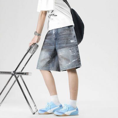 Men's Summer Gradient Splash Ink Washed Baggy Denim Shorts