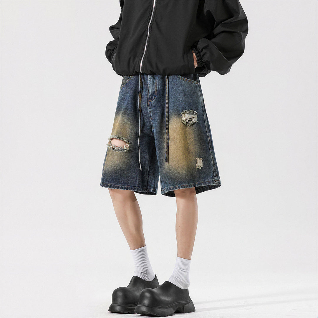 Men's Summer Gradient Ripped Drawstring Denim Shorts