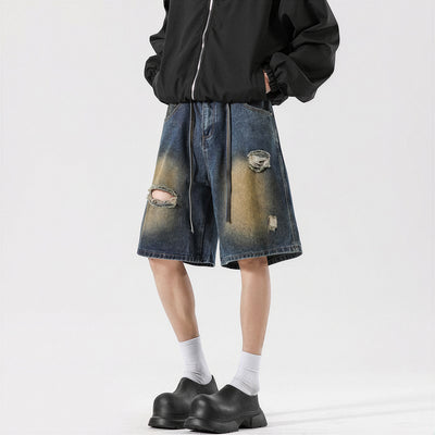 Men's Summer Gradient Ripped Drawstring Denim Shorts