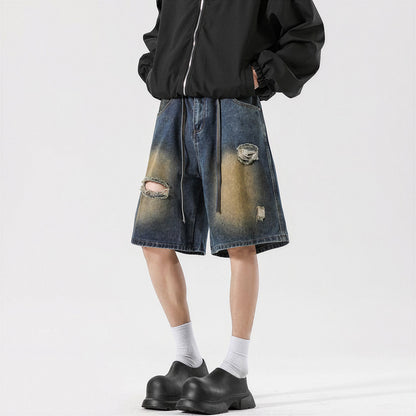 Men's Summer Gradient Ripped Drawstring Denim Shorts