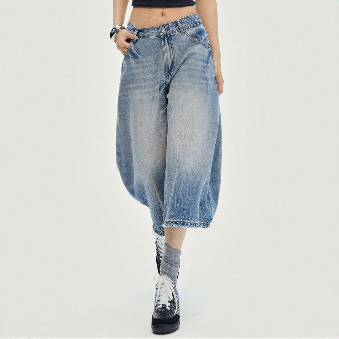 Women's Summer Gradient Washed Balloon Denim Capri Pants