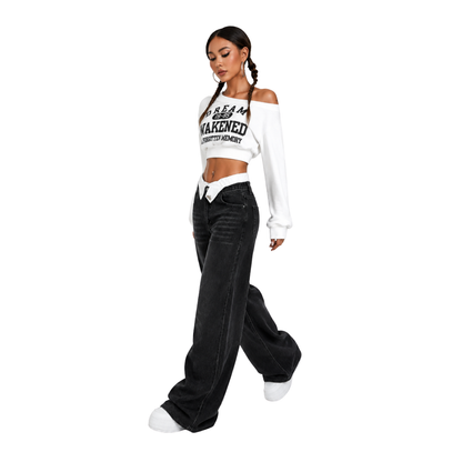 Women's double-waistband loose wide-leg jeans