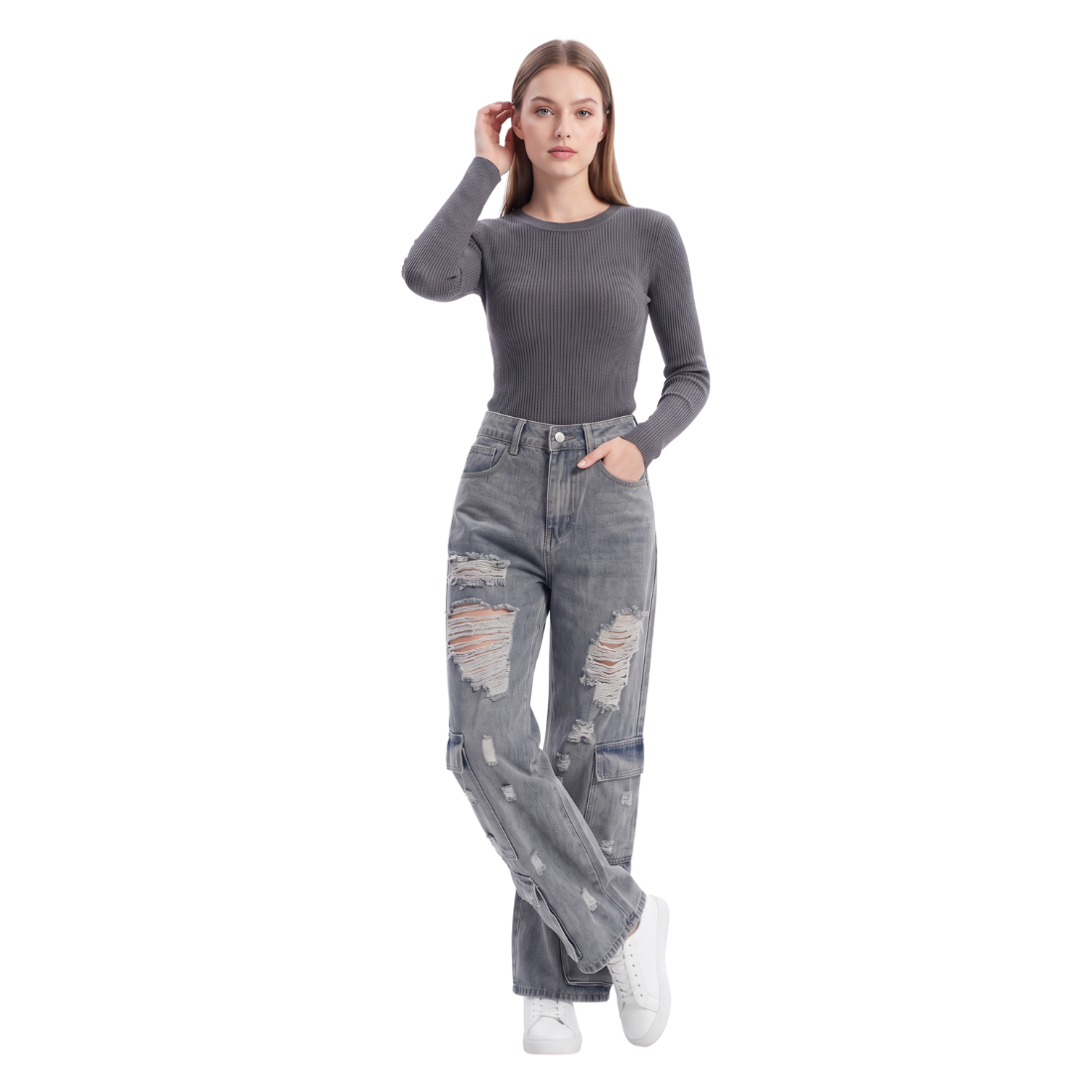Women's Vintage High Waist Distressed Wide Leg Cargo Jeans