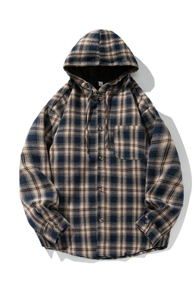 Men's Spring Vintage Hooded Plaid Button-Down Overshirt