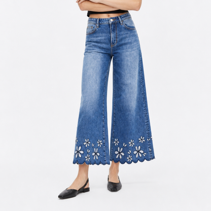 Women's High Waist Floral Embroidered Wide Leg Jeans