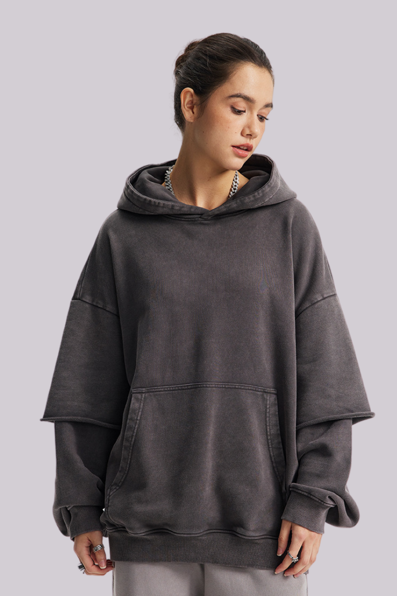 Women's Cotton Retro Faux-Two-Piece Washed  Hoodie