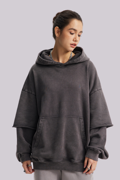 Women's Cotton Retro Faux-Two-Piece Washed  Hoodie