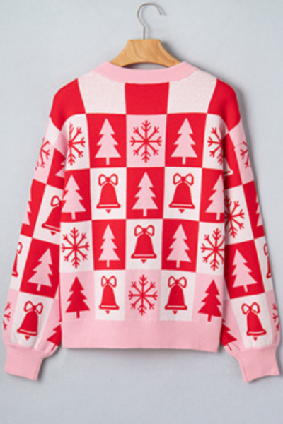 Women's Christmas Plaid Crew Neck Long Sleeve Pullover Sweater
