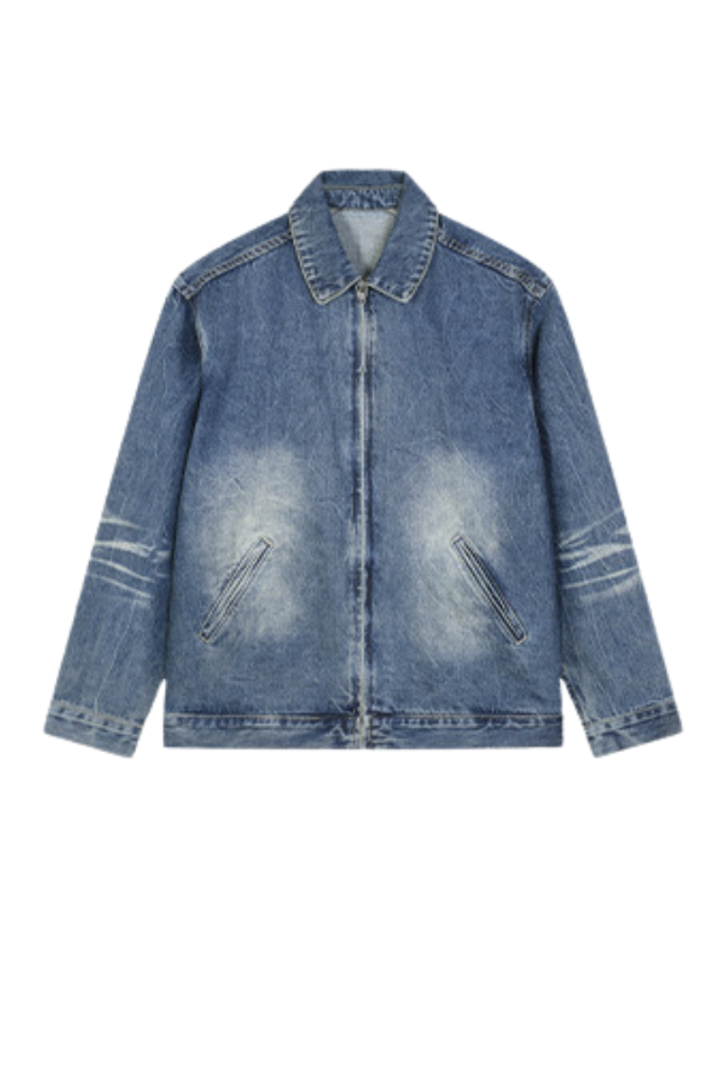 Men's SpringSummer 543g Washed Denim Loose Collar Zip Jacket