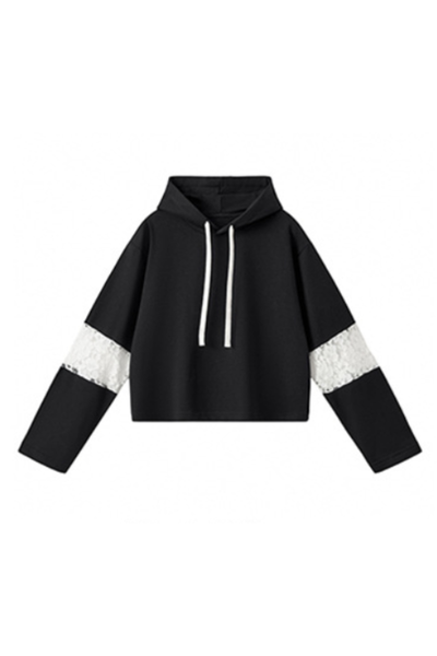 Women Fall Lace Sleeve Cropped Drawstring Pullover Hoodie
