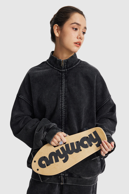 Women's Cotton Streetwear Wax-Dyed Washed Stand Collar Distressed Jacket
