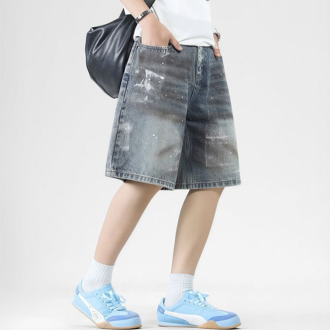 Men's Summer Gradient Splash Ink Washed Baggy Denim Shorts