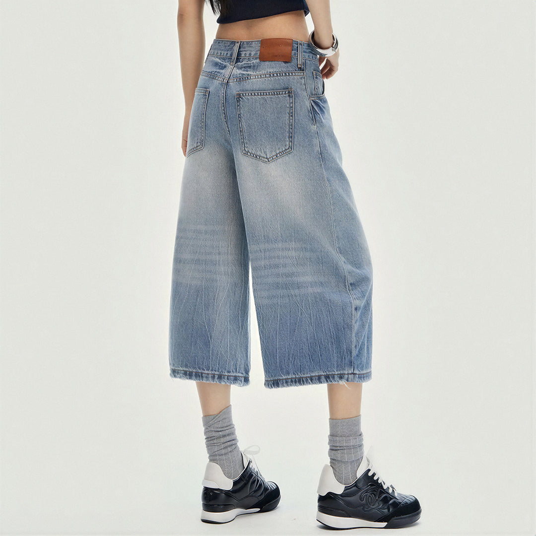 Women's Summer Gradient Washed Balloon Denim Capri Pants