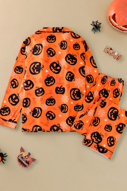 Women Fall Clothing Halloween Pumpkin Web Pajama Set