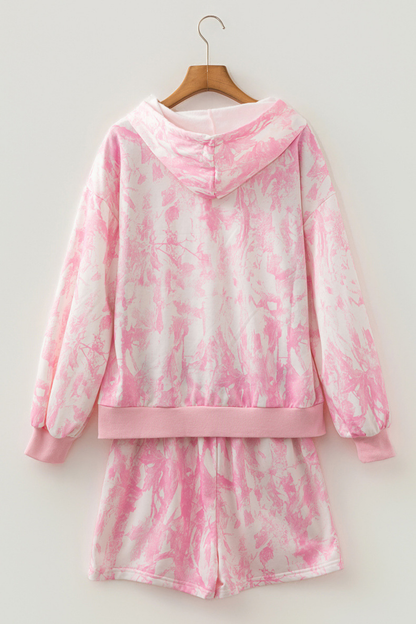 Women Spring Tie Dye Balloon Sleeve Hoodie Shorts Set