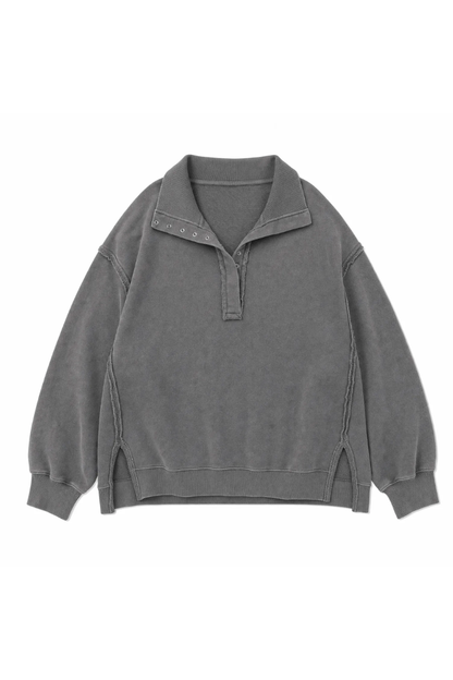 Women Fall Washed Vintage Half Button Polo Sweatshirt