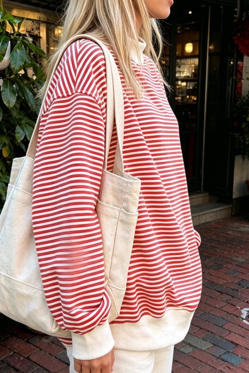 Women Spring Striped Mock Neck Oversized Cotton Sweatshirt