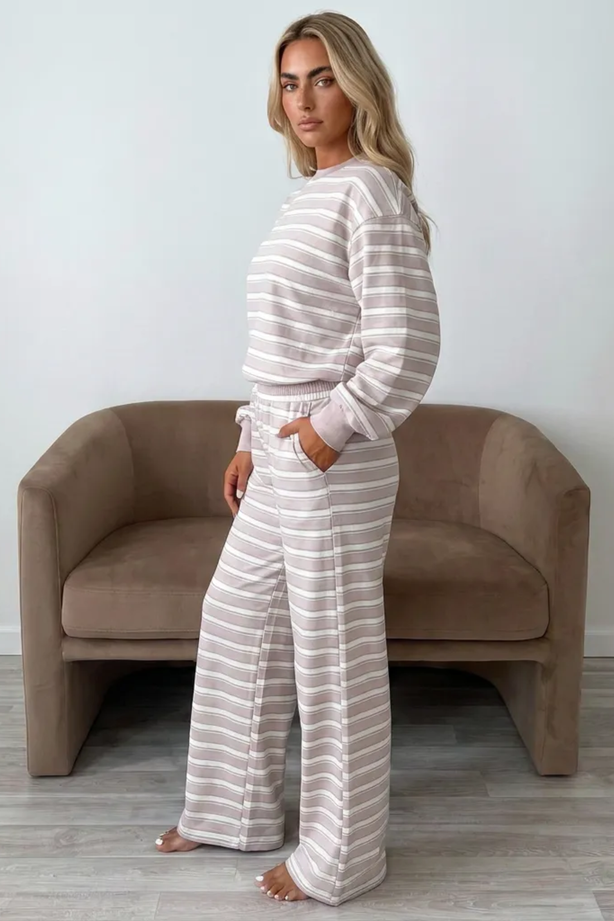 Women's Fall Stripe Print Lazy Style 2 Piece Set