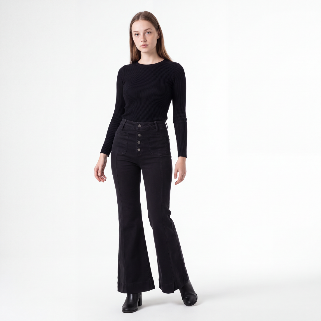 Women's Black High Waist Button Fly Stretch Flare Jeans