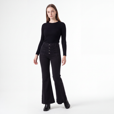 Women's Black High Waist Button Fly Stretch Flare Jeans