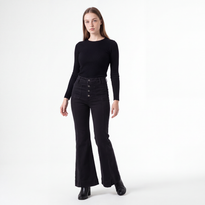 Women's Black High Waist Button Fly Stretch Flare Jeans