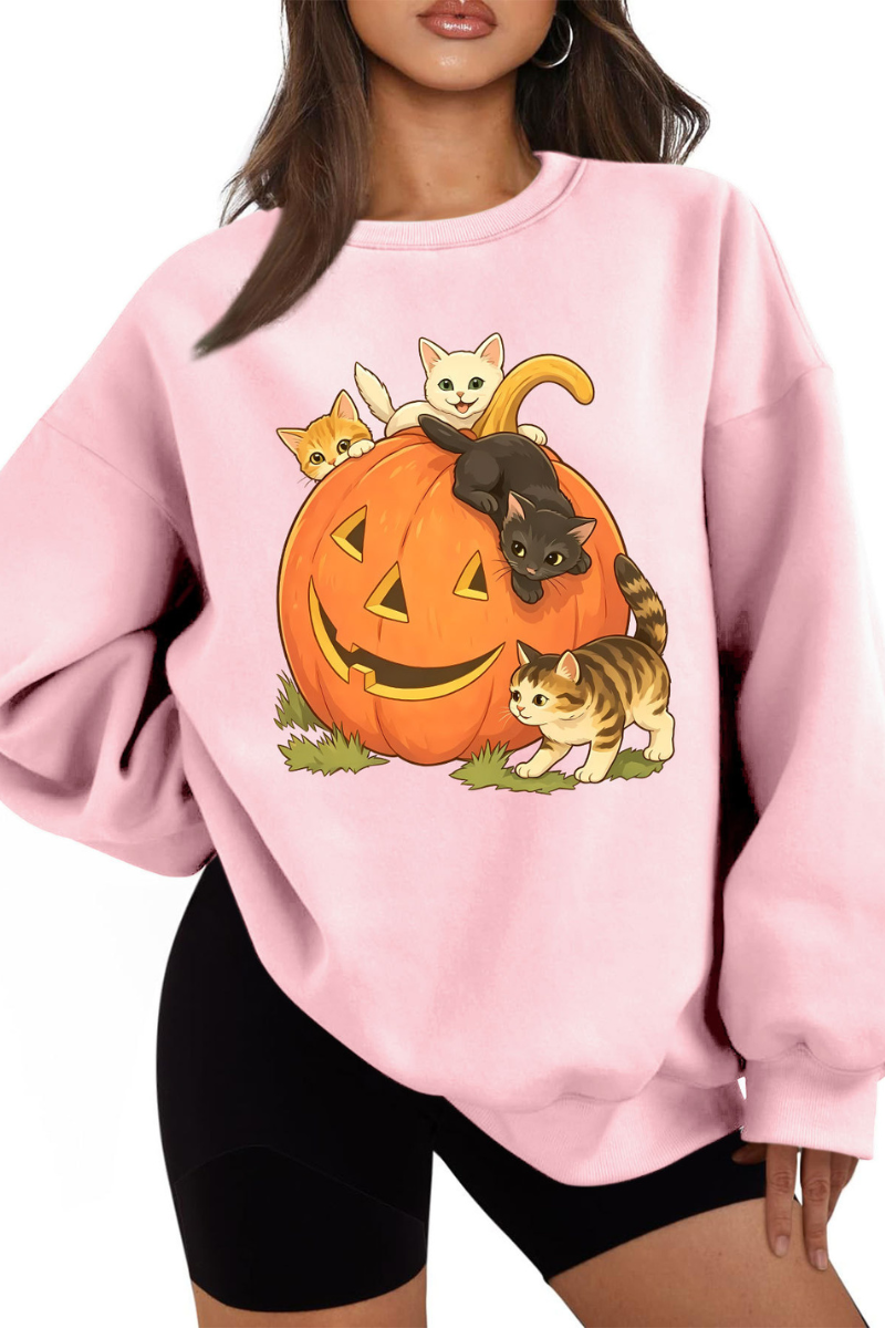 Women Fall Halloween Cat Pumpkin Oversized Sweatshirt