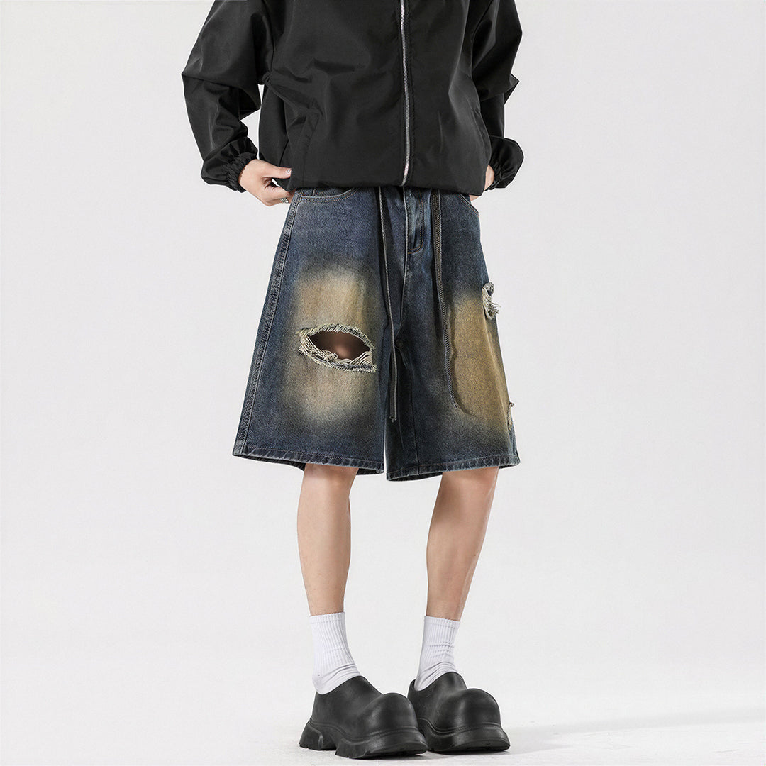 Men's Summer Gradient Ripped Drawstring Denim Shorts
