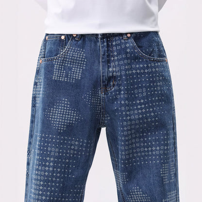 Men's Spring Bandana Print Wide Leg Denim Jeans