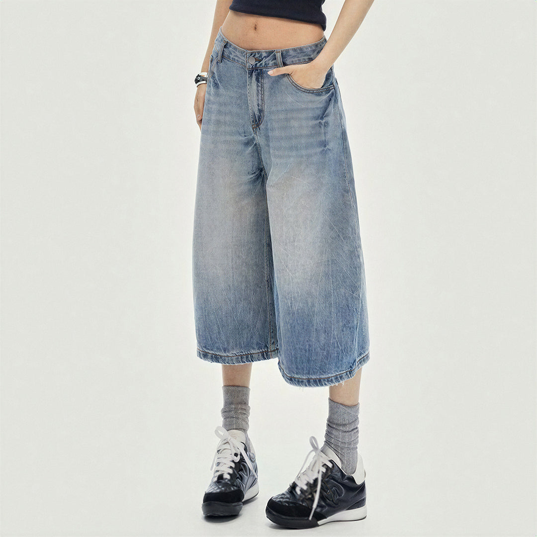 Women's Summer Gradient Washed Balloon Denim Capri Pants