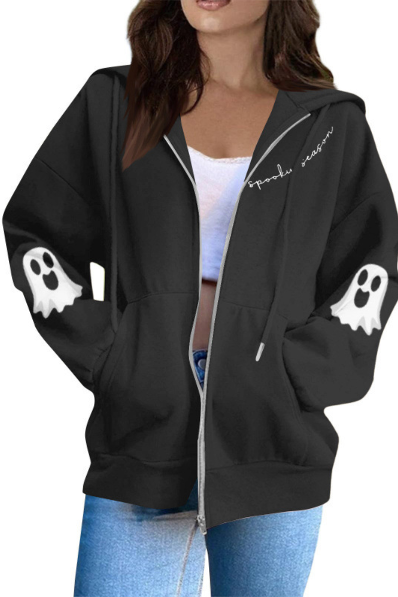 Women Fall Clothing Halloween Ghost Graphic Zip Up Hoodie