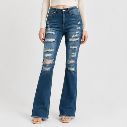 Women's Distressed Ripped Frayed Hem Stretch Flare Jeans
