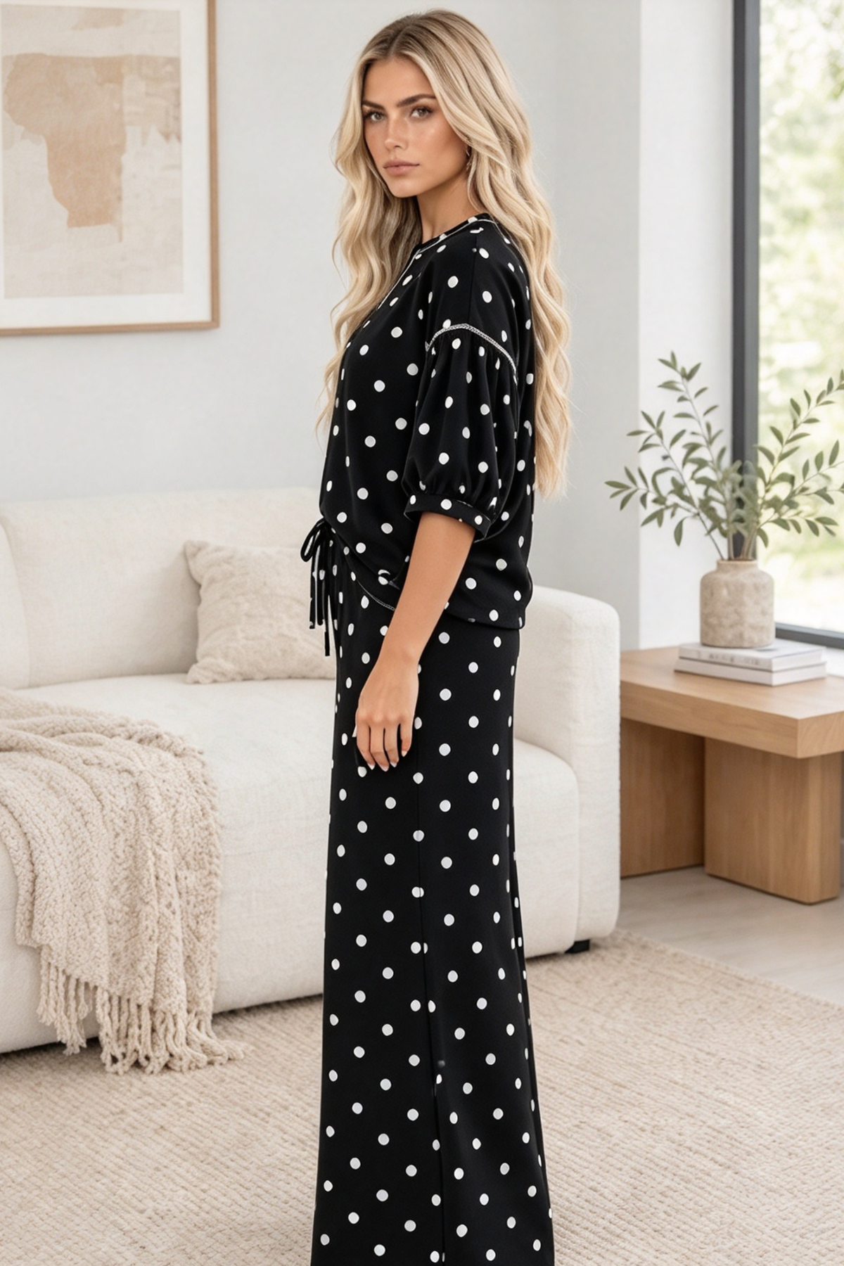 Women's Summer Polka Dot Print Midi Sleeve 2 Piece Set