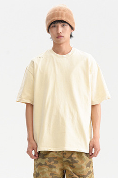 Men's Cotton Washed Distressed Hole Crewneck Tee