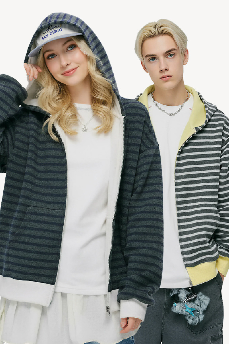 Unisex Spring American Stripe Colorblock Zip Hoodie